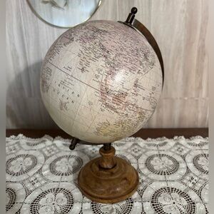 Vintage Style Cream World Globe Map with Wooden Stand